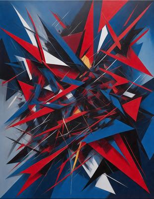 The primary subject of the image is a large, colorful, and abstract painting. The painting features a mix of red, blue, and yellow colors, creating a vibrant and dynamic visual experience. The setting is a wall, and the visual style appears to be a combination of digital art and illustration. The painting's colors and mood evoke a sense of energy and creativity, making it an eye-catching and engaging piece of art.